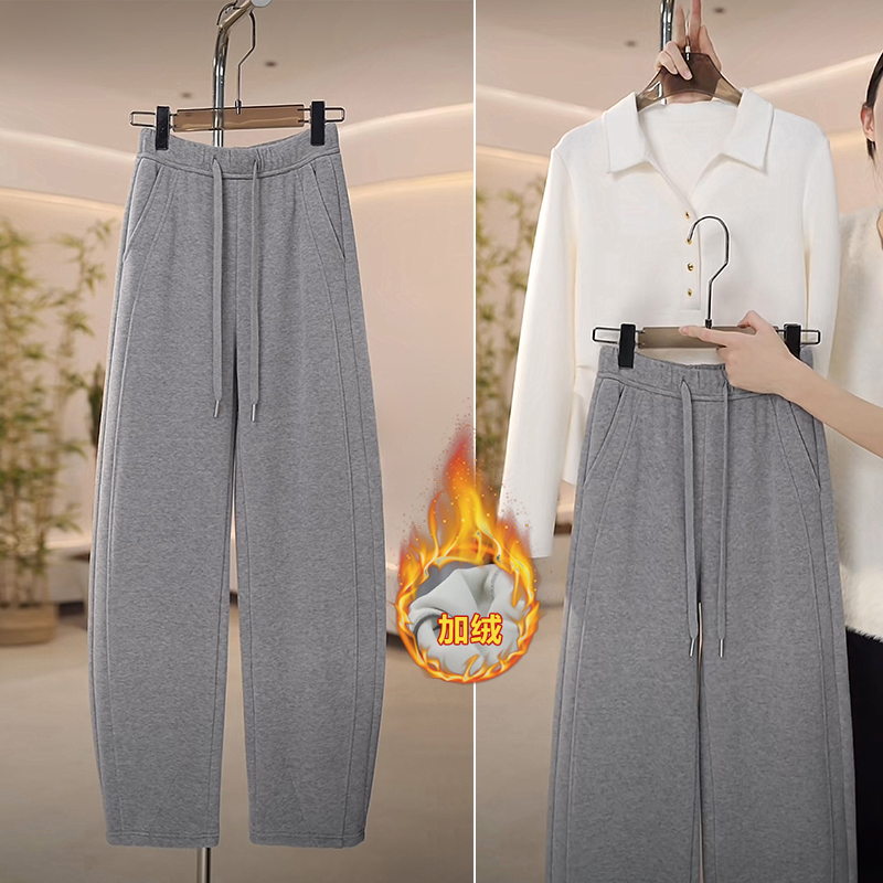 啄木鸟加绒香蕉裤女秋冬春季高腰垂感阔腿裤休闲毛呢镰刀裤