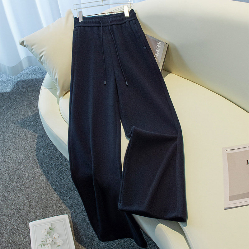啄木鸟藏蓝色毛呢休闲阔腿裤女2025秋冬季新款宽松高腰直筒裤