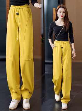 啄木鸟黄色窄版香蕉镰刀裤女春秋高腰阔腿弯刀裤直筒休闲卫裤子