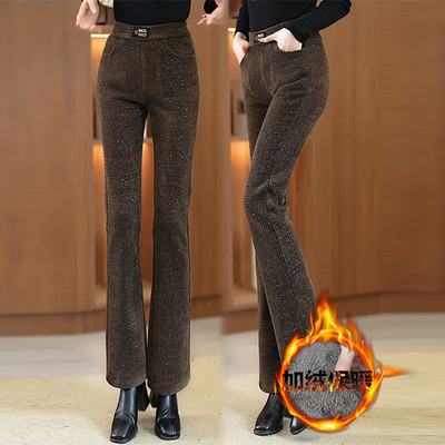 啄木鸟星空欧棉绒微喇裤加绒加厚秋冬季百搭高腰显瘦修身直筒裤子