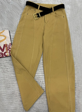 啄木鸟黄色加绒弯刀裤女春直筒裤小个子今年流行时尚牛仔裤