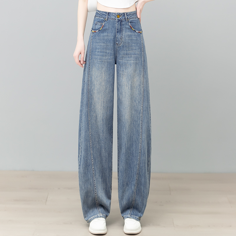 啄木鸟美式复古蓝宽松弯刀牛仔裤女春秋高腰梨形宽松渐变镰刀裤