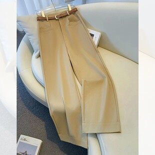 啄木鸟卡其色阔腿裤女春秋新款高腰小个子西装裤九分宽松直筒长裤