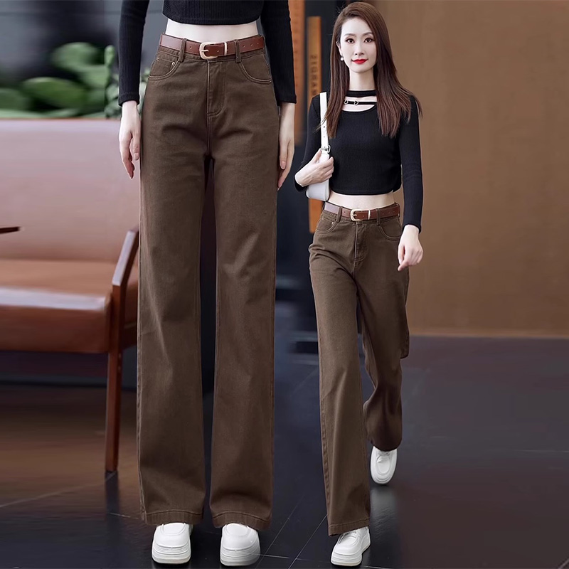 啄木鸟美拉德棕色窄版阔腿牛仔裤女春秋高腰显瘦洗水直筒裤子