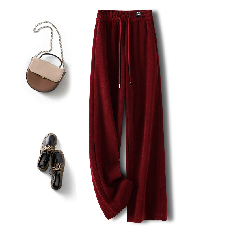 啄木鸟安可拉红灯芯绒阔腿裤女秋冬糯米裤加绒加厚雪尼尔直筒裤