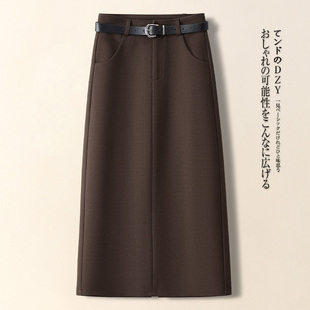 啄木鸟咖色毛呢半身裙女秋冬款 高腰显瘦垂坠感a字裙一步包臀裙子