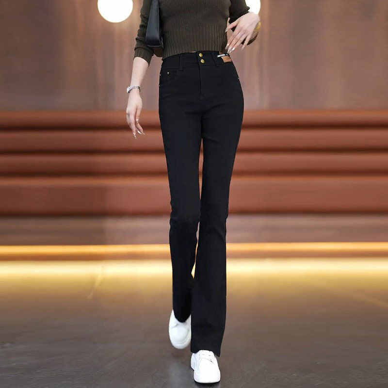 啄木鸟黑色微喇高腰四面弹加绒牛仔裤高级休闲百搭修身马蹄喇叭裤