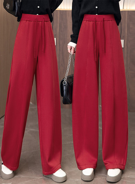 啄木鸟红色阔腿弯刀裤女冬季高腰宽松休闲裤加绒加厚运动香蕉裤
