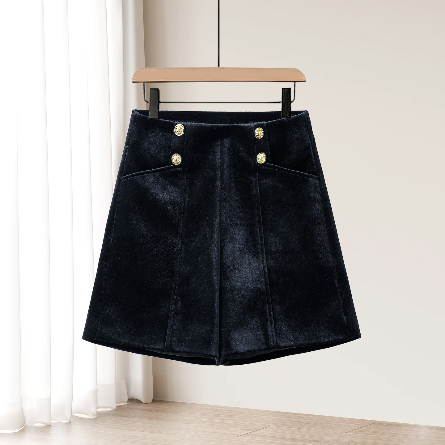 啄木鸟黑色短裤女秋冬季外穿高级感金丝绒裤子休闲宽松阔腿靴裤