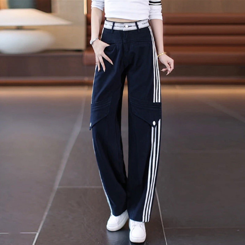 啄木鸟春秋季新款休闲宽松显瘦百搭条纹阔腿工装裤女高腰直筒长裤