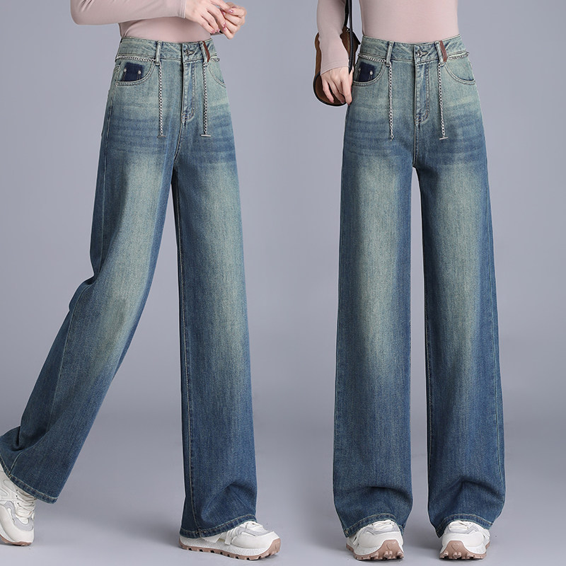 啄木鸟高级感春夏新款高腰大直筒牛仔裤显瘦宽松垂感窄版阔腿裤子