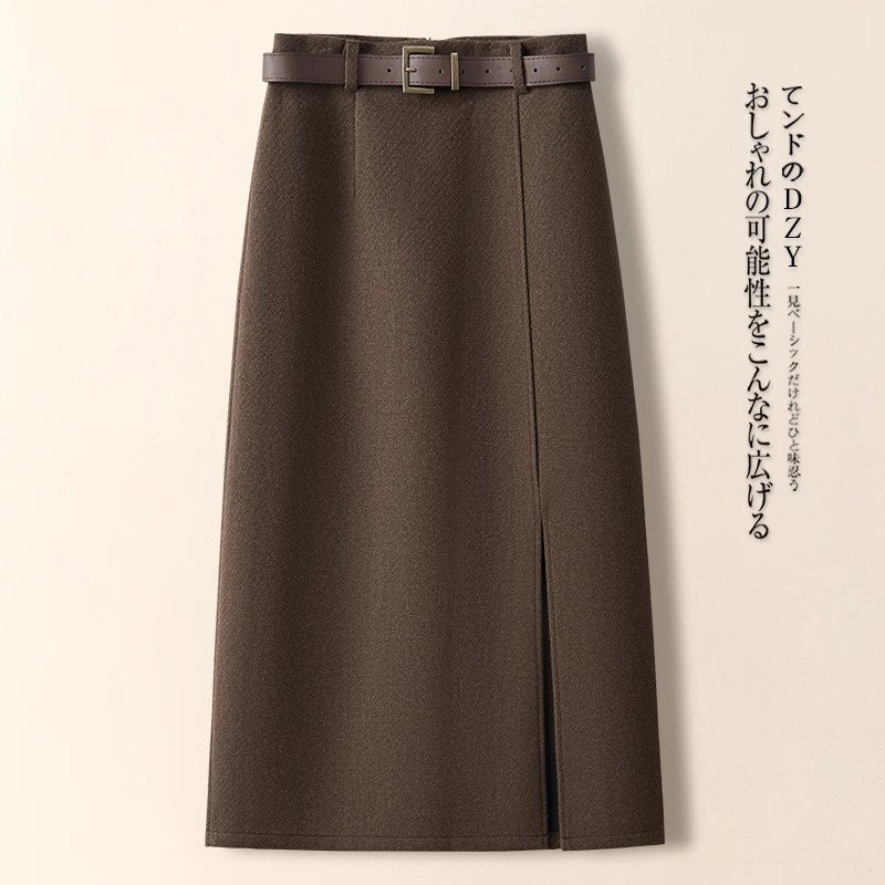 啄木鸟毛呢半身裙女秋冬季新款高腰显瘦直筒裙中长款开叉包臀裙子