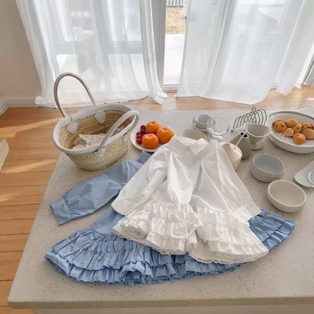 女童裙子长袖衬衫领拼接连衣裙蛋糕裙2026春秋装新款外贸装3-8岁