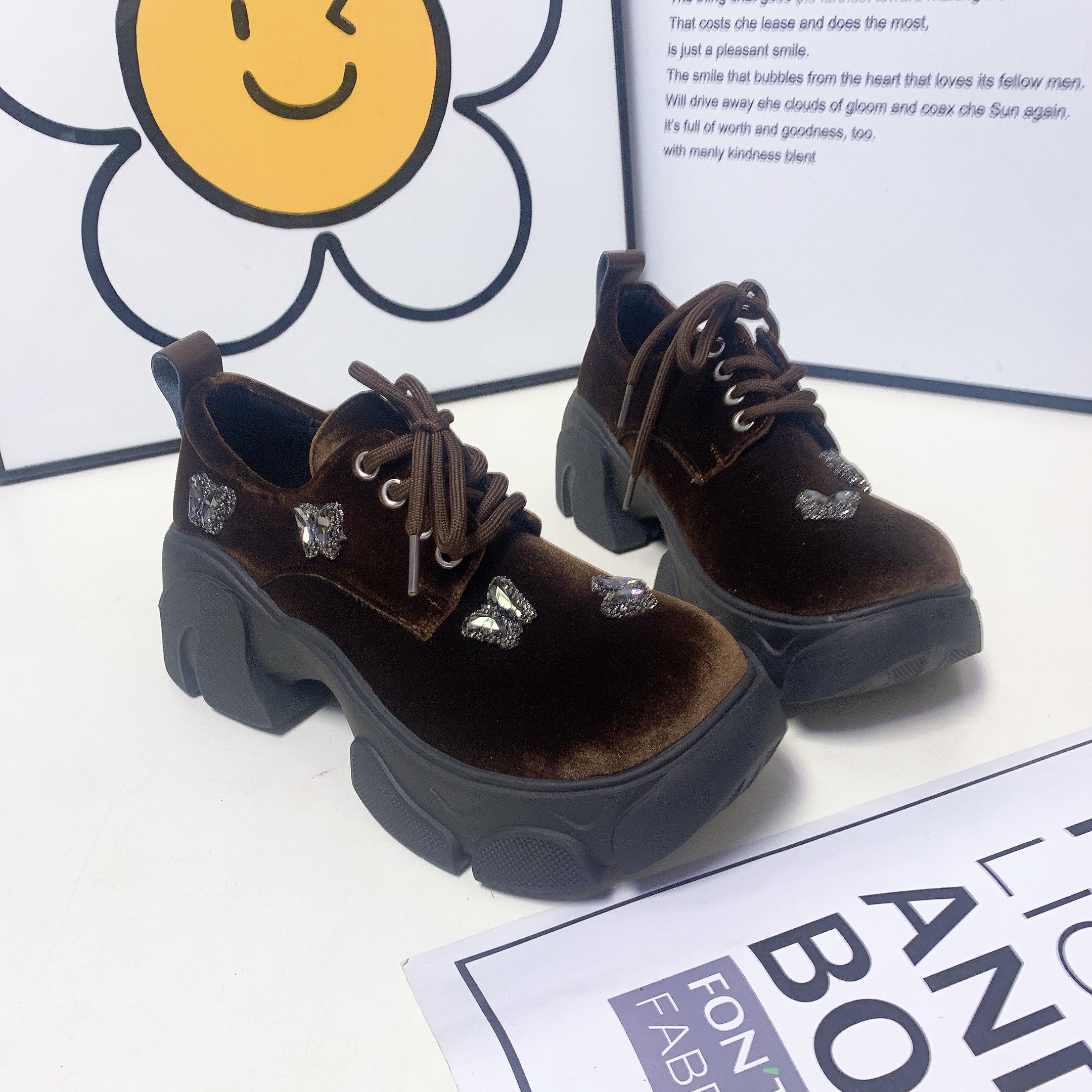 （断码特价-都是高品质）水钻厚底松糕鞋圆头系带增高小个子单鞋