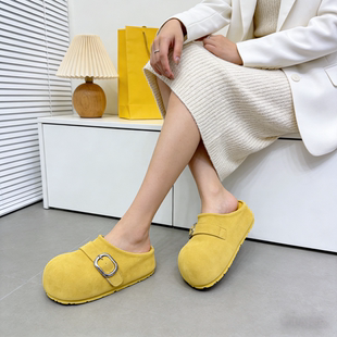 真皮大头勃肯鞋女厚底小个子增高6cm包头半拖鞋外穿一脚蹬懒人鞋