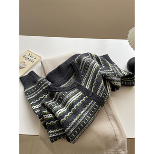 百搭圆领显瘦针织衫 费尔岛提花 秋冬韩版 毛衣女 软糯复古撞色开衫