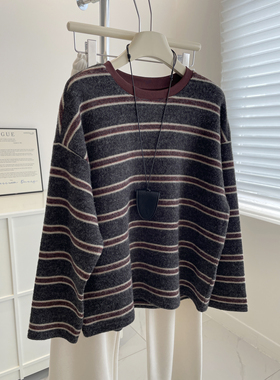 仿兔绒~显白撞色条纹长袖针织衫女!冬慵懒宽松显瘦小个子圆领卫衣