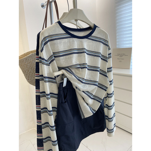 夏垂感宽松显瘦休闲长袖 女 t恤 复古显白撞色领条纹防晒衫 慵懒感