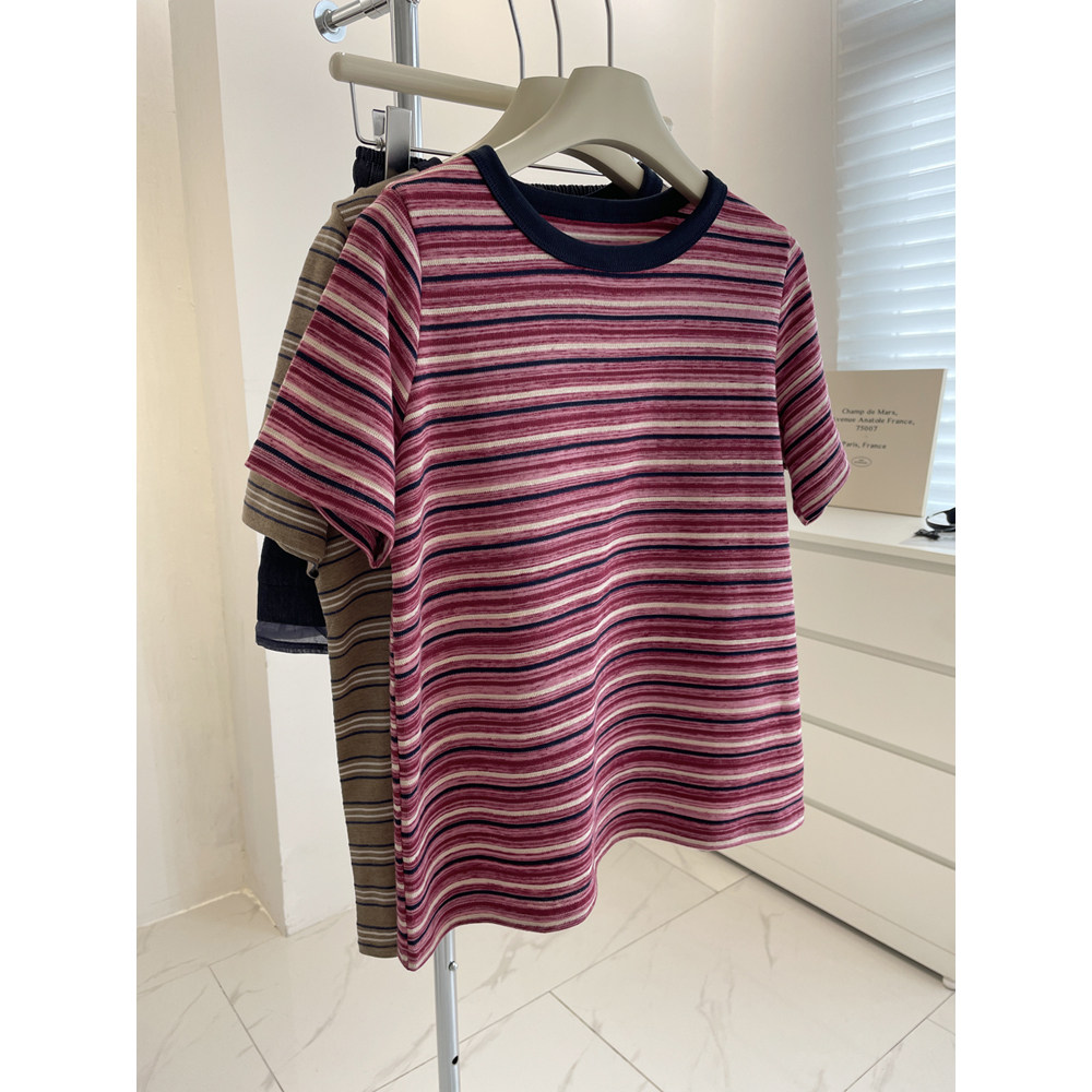 ju显白~立体色织条纹短袖t恤女!夏季百搭显瘦正肩圆领休闲上衣Tee