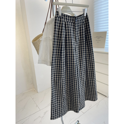 日系复古格子阔腿裤休闲九分裤