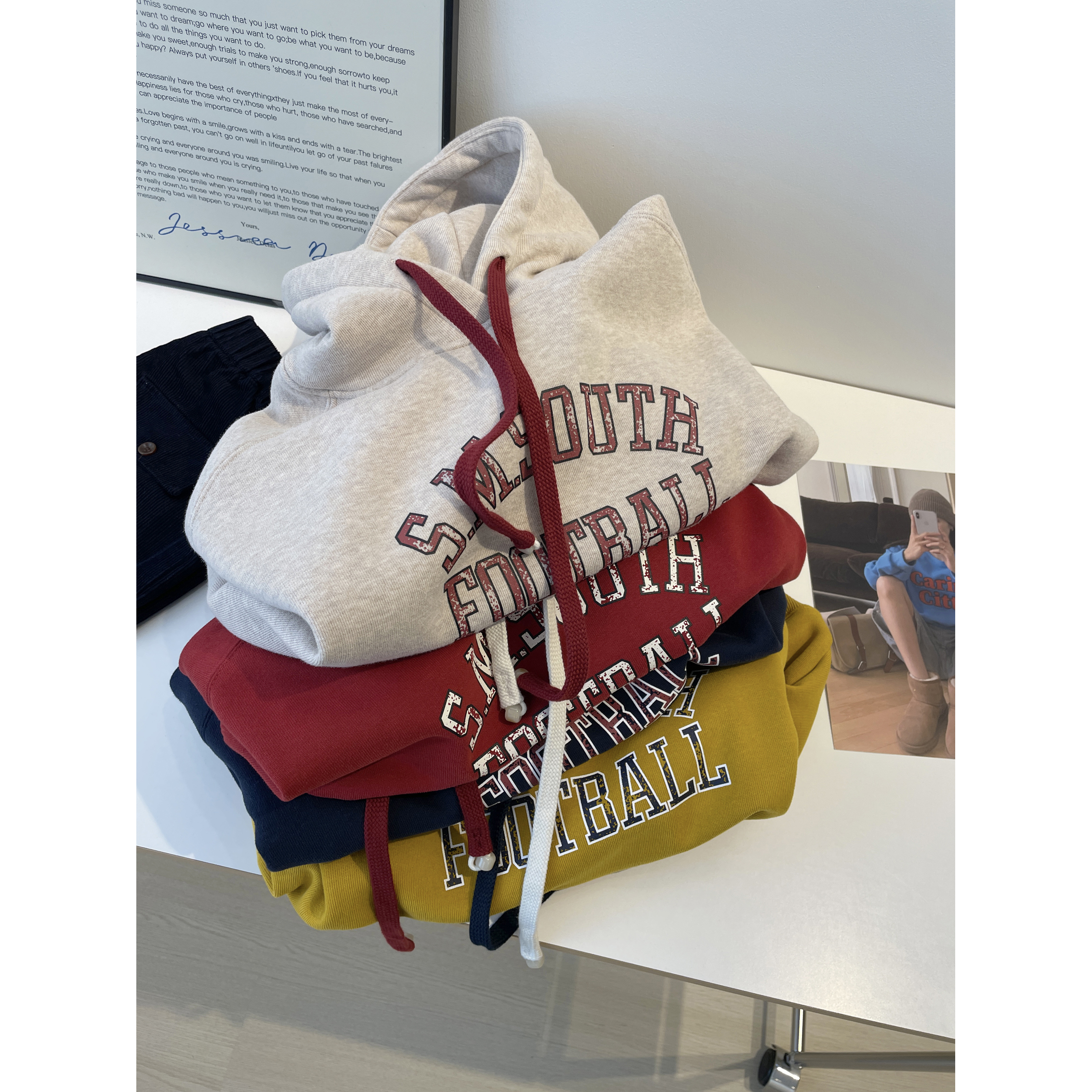 显白~美式字母印花加绒连帽卫衣