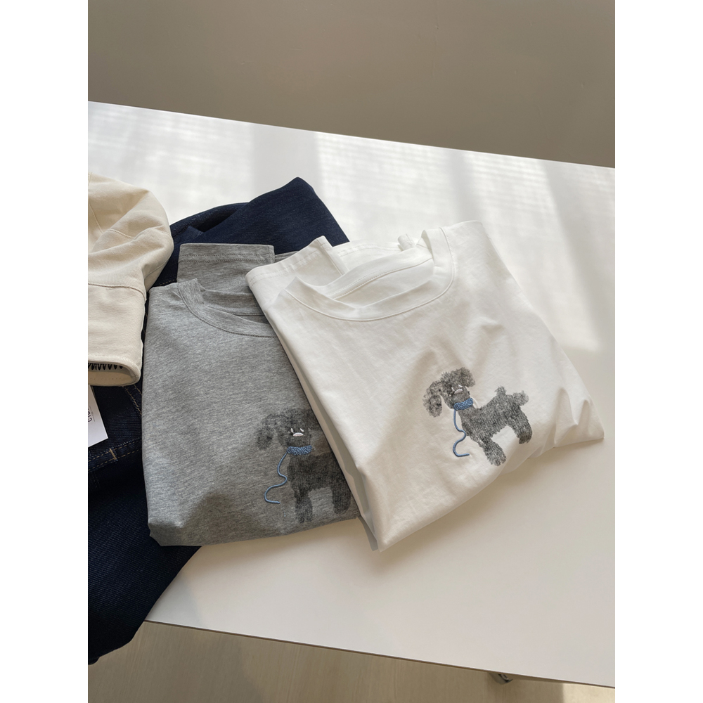 韩系小狗刺绣短袖T恤女！2025夏季百搭显瘦小个子正肩休闲上衣tee