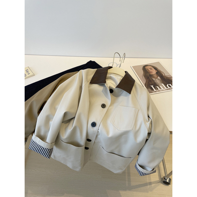 韩系复古撞色翻领中长风衣外套