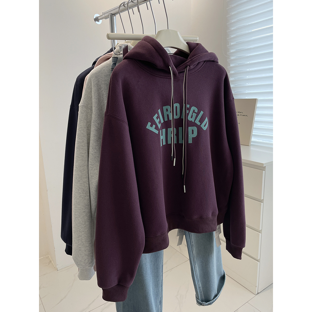 ju显白~酱紫色加绒连帽字母卫衣