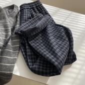 加绒格子裤 女 24冬慵懒宽松加厚阔腿休闲长裤 复古蓝灰格 直筒裤