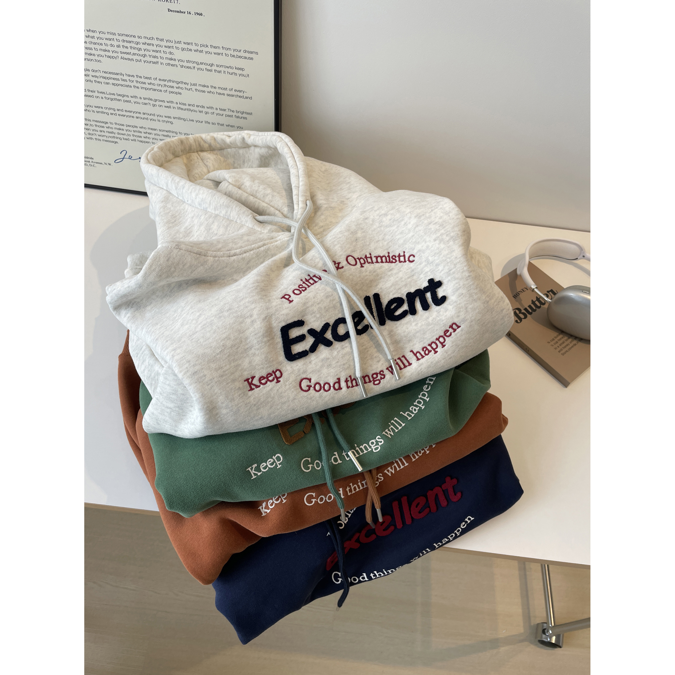 复古字母印花加绒连帽休闲卫衣