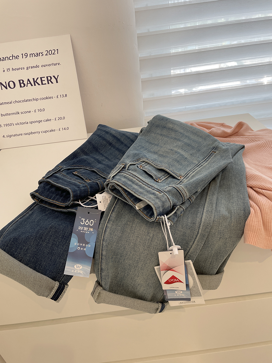 显瘦四面弹法棍牛仔裤直筒九分裤