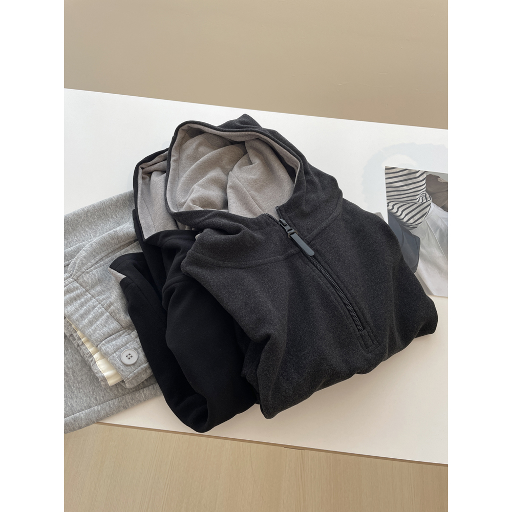 美式假二件半拉链连帽卫衣打底衫