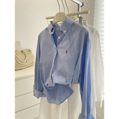 2025春款 女 韩系显白叠穿休闲衬衣 气质通勤蓝白竖条纹衬衫 小刺绣