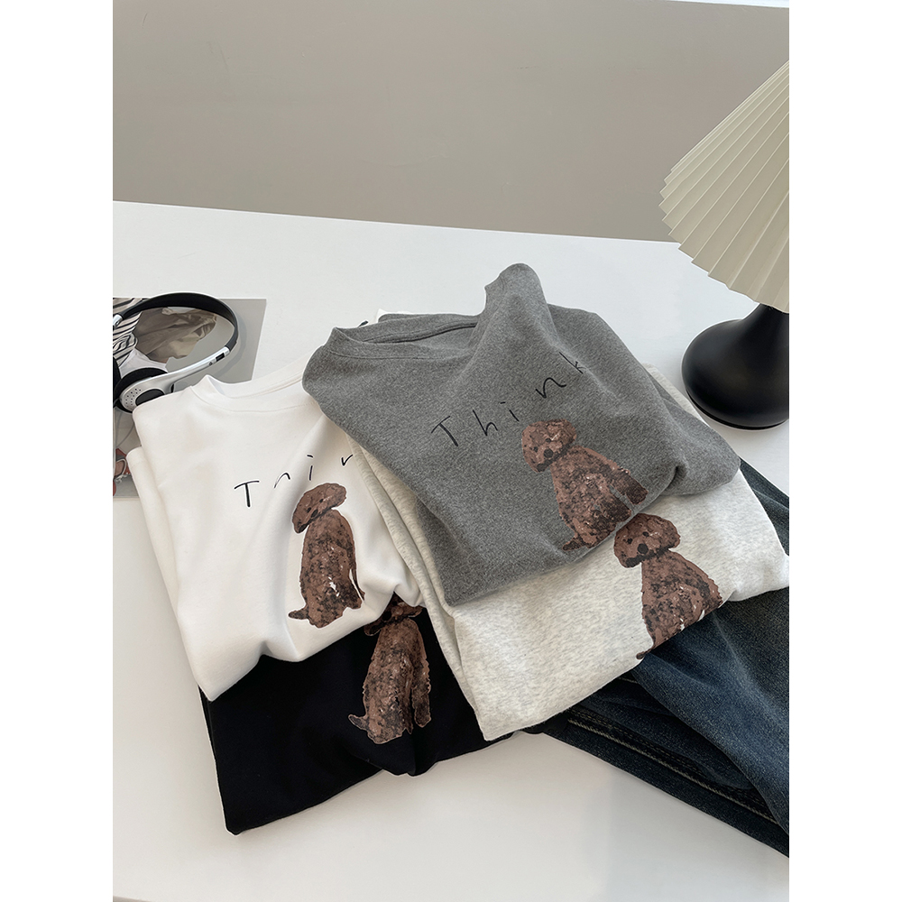 秋冬加厚磨毛棉短袖t恤女！2024韩系卡通减龄圆领休闲内搭T打底衫