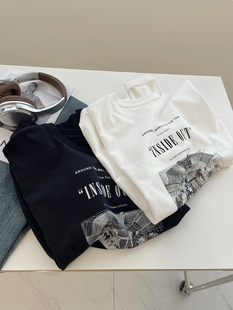 显瘦棉毛棉休闲打底衫 美式 春秋慵懒宽松大版 女 复古字母印花长袖