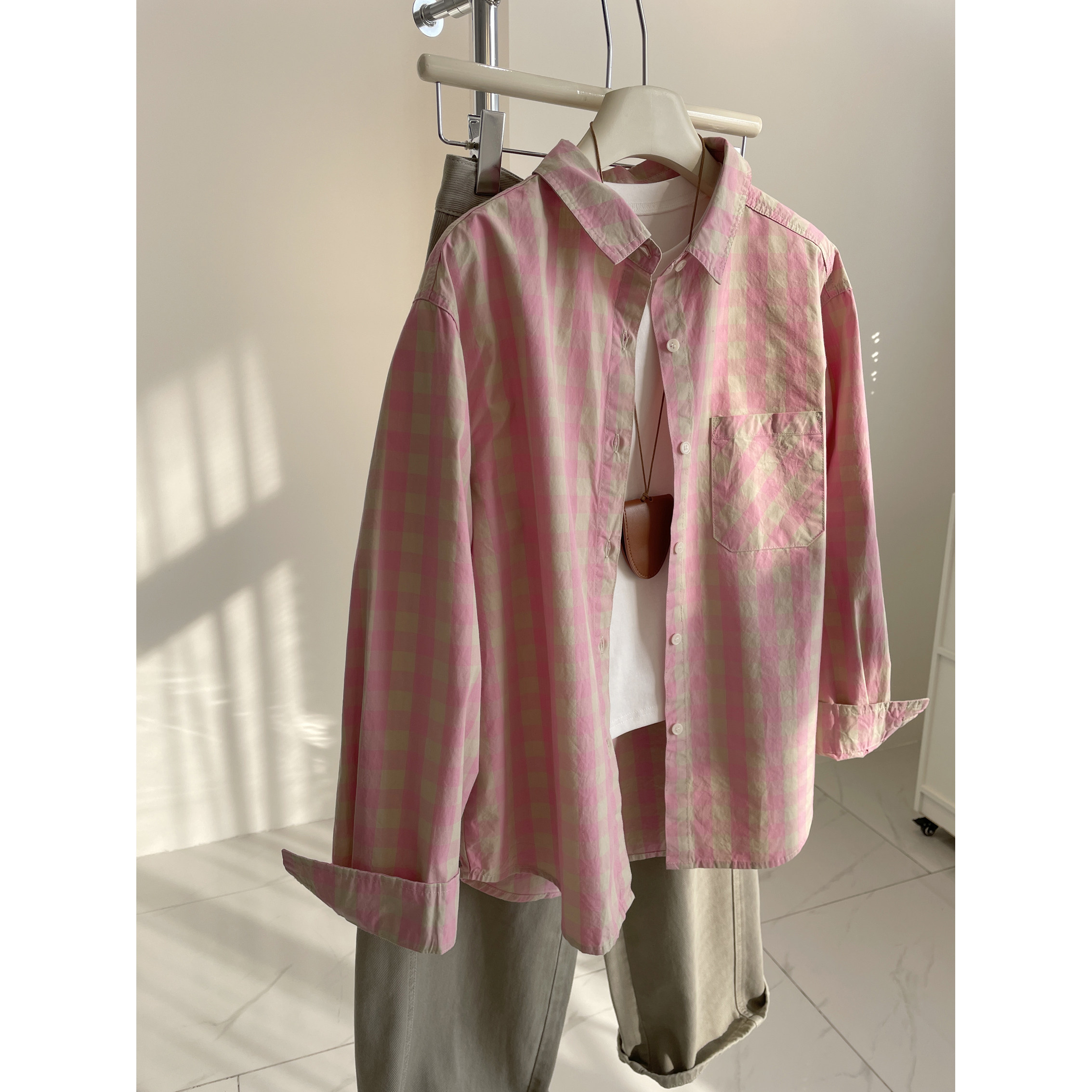 粉色显白格子衬衫女！春韩系百搭显瘦小个子棉质叠穿休闲衬衣外套