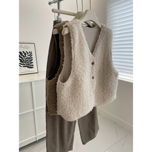 韩系二面穿仿羊羔毛马甲女！秋冬氛围感保暖叠穿短款V领坎肩背心