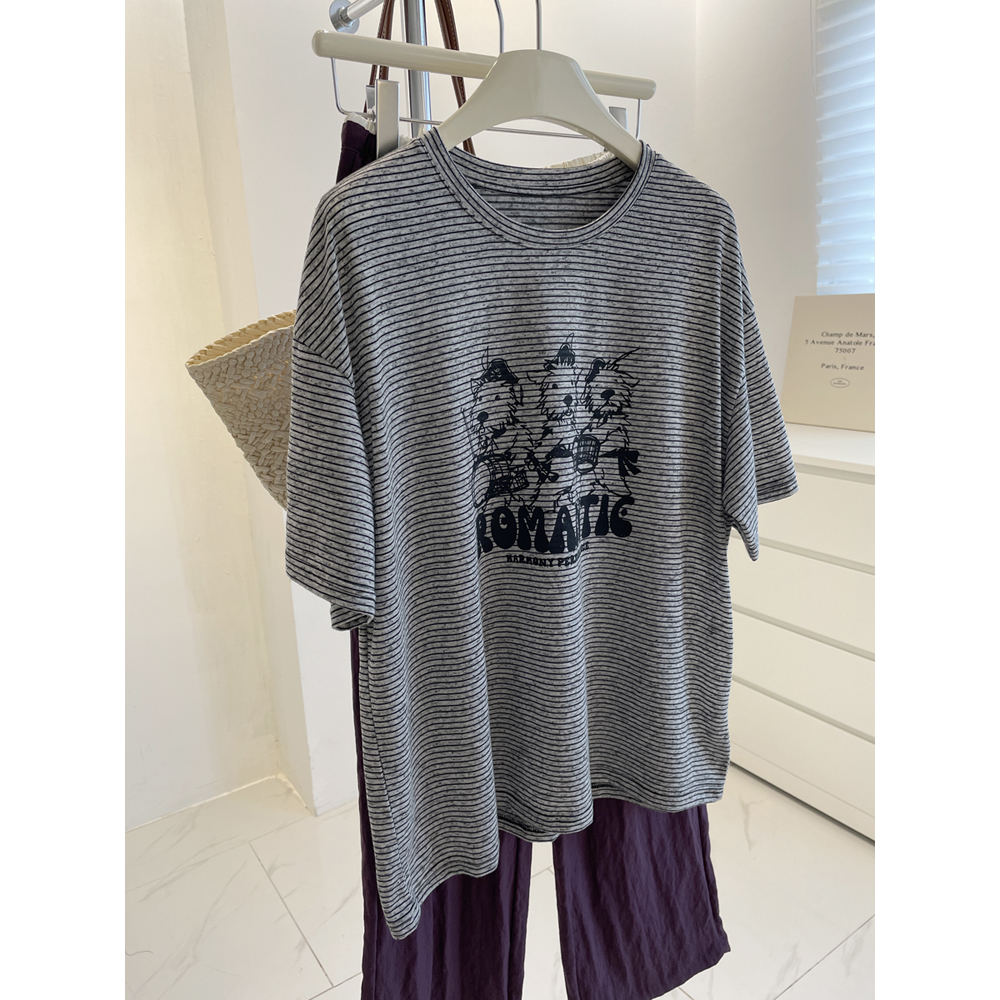 三只小狗~肌理感花纱条纹短袖tee