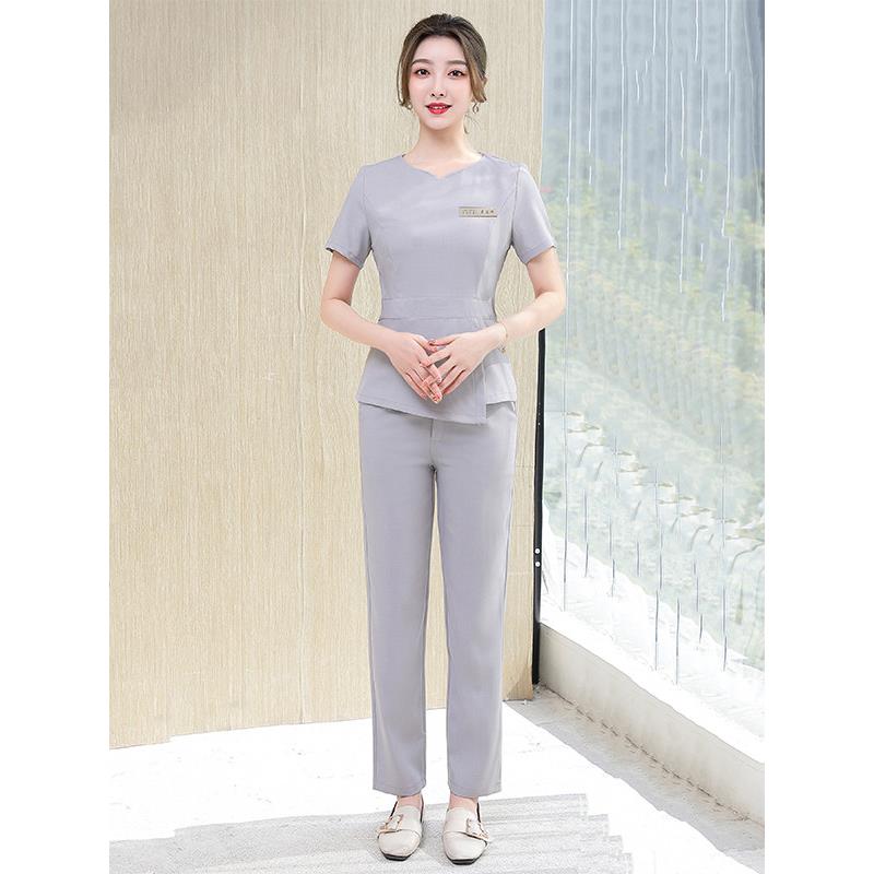 新型美容院美容师工作服女性夏季健康足浴技师套装高端气质时尚灰