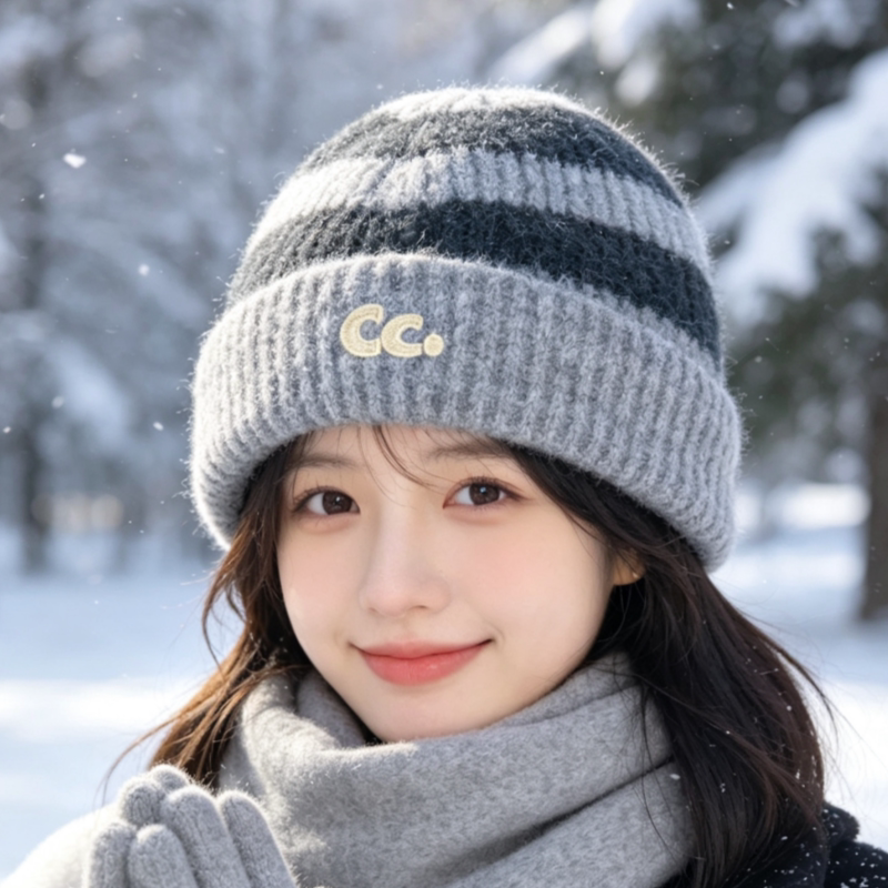 秋冬新款刺绣撞色条纹针织帽女韩系时尚冷帽加厚保暖百搭毛线帽子