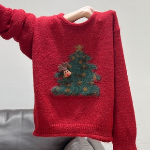 圣诞穿搭红色毛衣女款2025新款小个子超好看初冬内搭加厚针织上衣