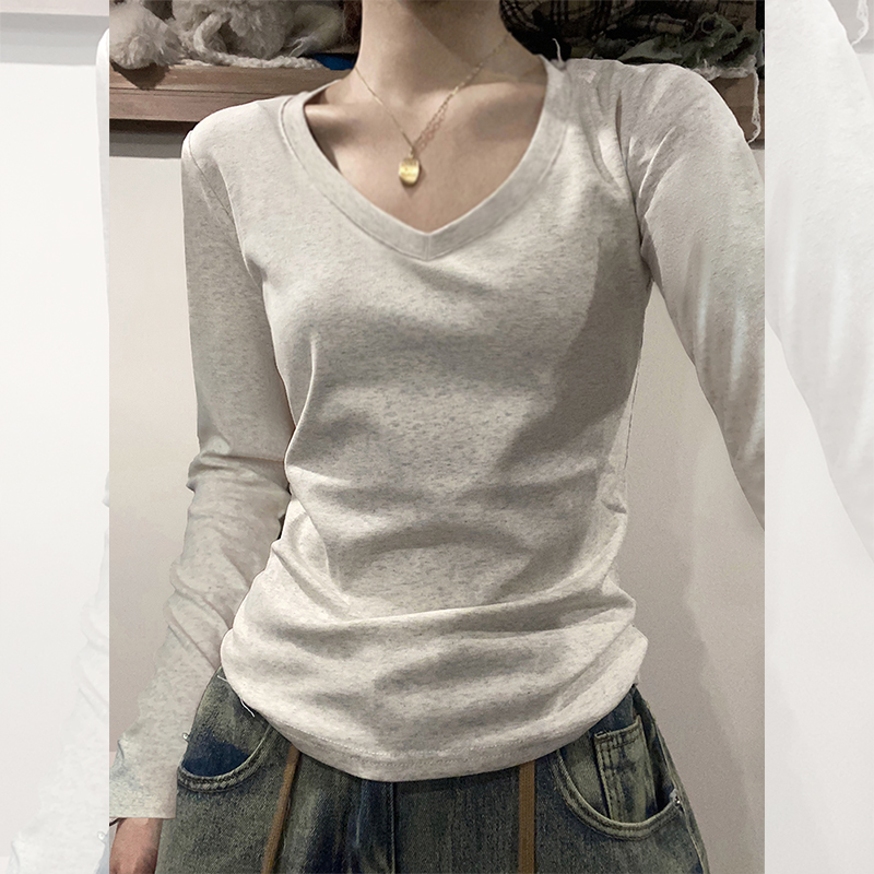 拉夏贝灰色纯棉长袖打底衫上衣女