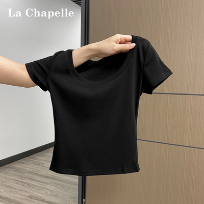 拉夏贝尔黑色U领正肩短袖t恤女夏