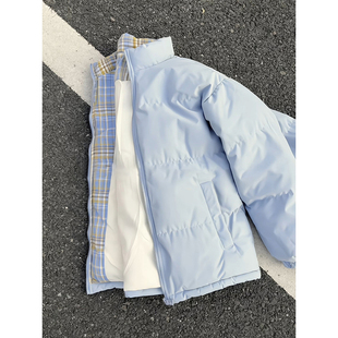 浅蓝色轻薄羽绒棉服男款冬季美式格子拼接外套加厚立领情侣面包服