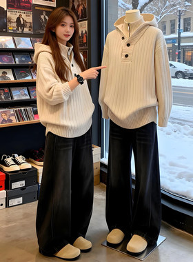 白色假两件高领毛衣男款冬季设计感连帽针织衫宽松慵懒风加厚外套