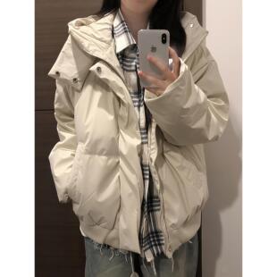 米白色美式boxy短款羽绒棉服男款冬季PU皮工装外套连帽加厚面包服