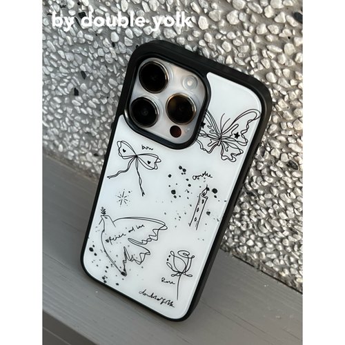 原创小众简约ins风手绘黑白线条画手机壳适用于iphone17promax亮面亚克力黑边pc壳16pro