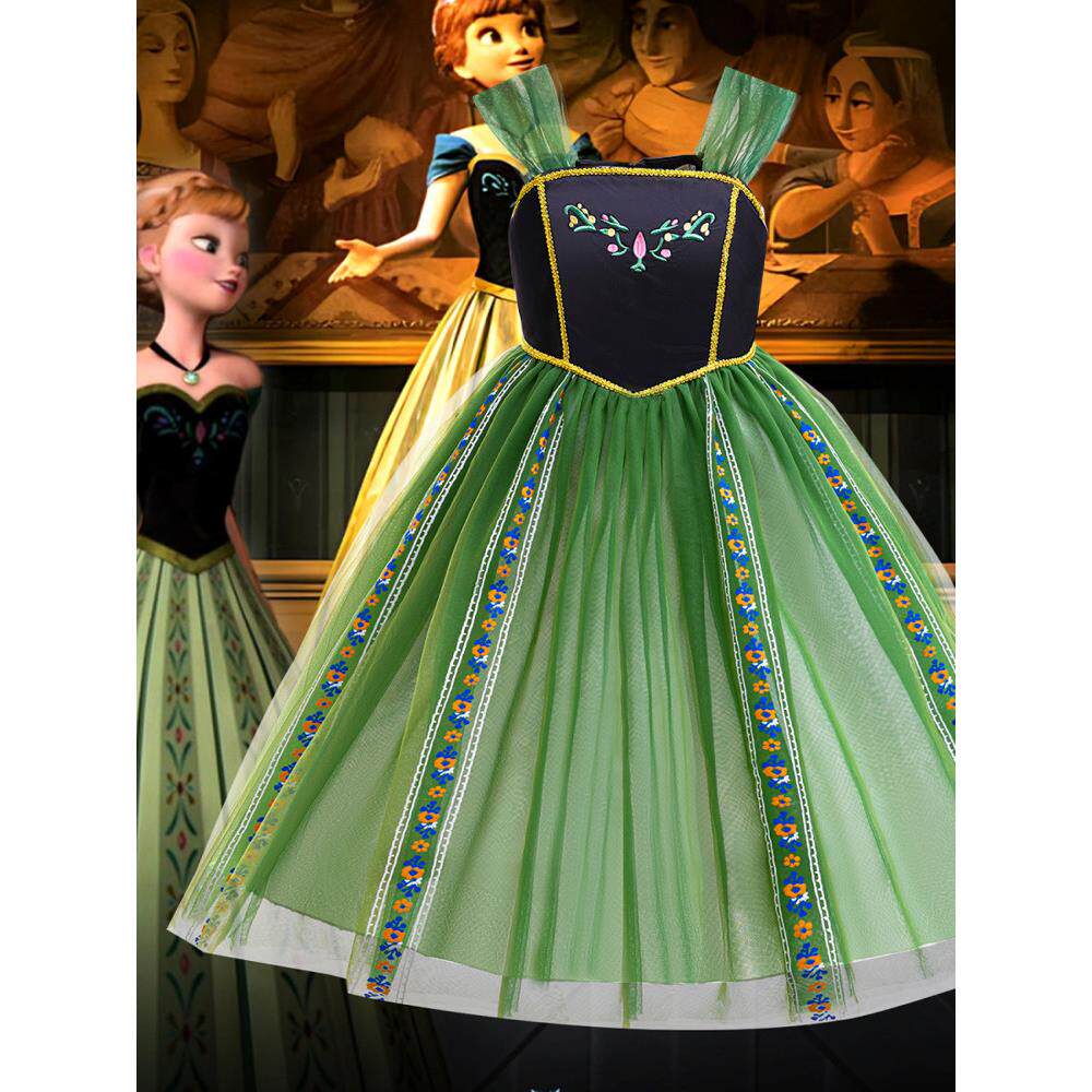 女童冰雪奇缘安娜公主裙cosplay角色扮演服装吊带绿色舞台表演服