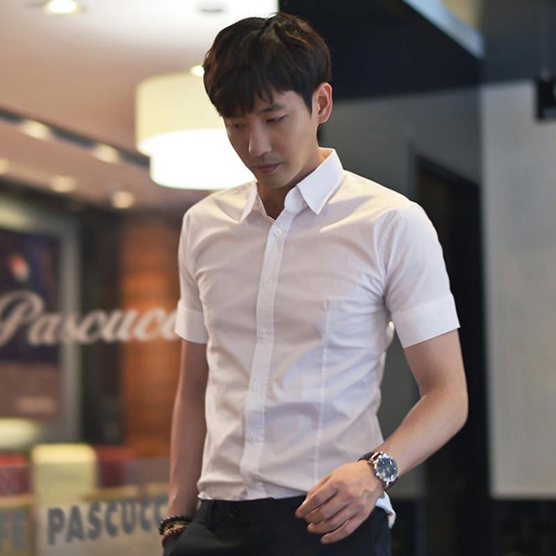夏季韩版修身抗皱弹力白色短袖衬衫商务休闲上班服男士上班白衬衣
