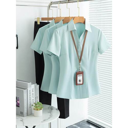 竹纤维绿色V领衬衫女式夏季短袖工作服面试正式白衬衫职业套装工